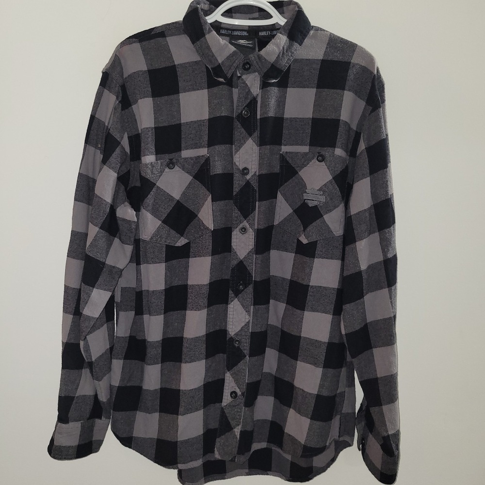 Harley Davidson Long Sleeve Flannel Button Up Men Size Large Check Gray Black
